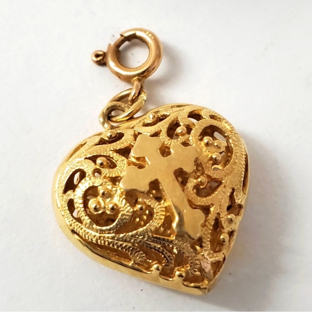 Rare 14K Gold Heart Pendant with Cross / Solid Gold